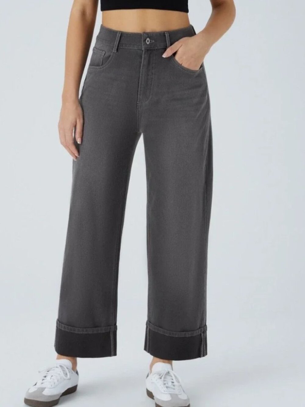 HALARA Jeans Womens Large Tall Charcoal Wide Leg Crop Cuffed Stretch Denim Pants